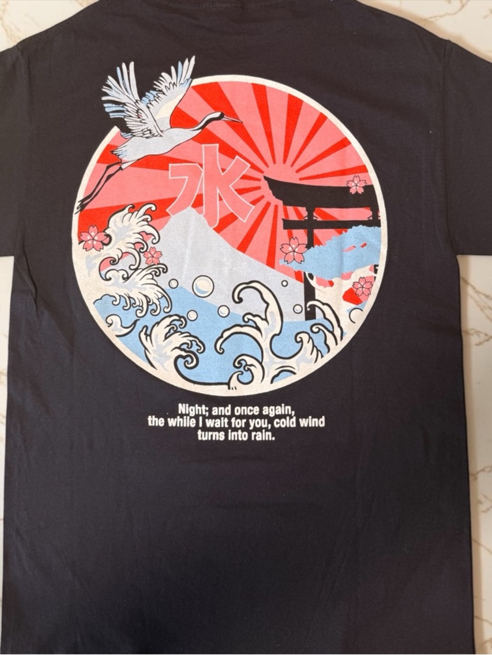 Men's Black CVLA Graphic Tee with Japanese Wave and Crane Design